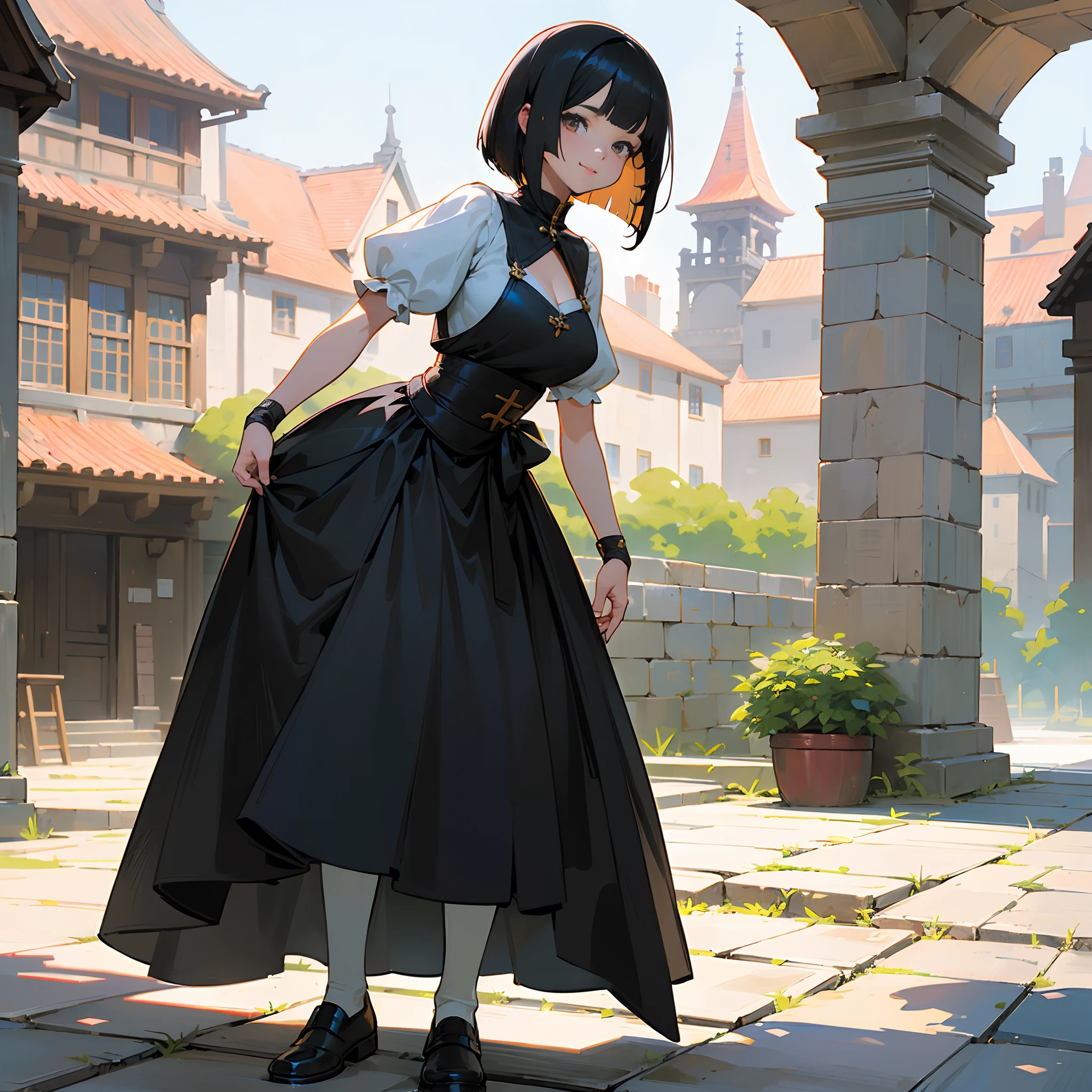 With the best image quality、Teenage girl standing alone outdoors。In high resolution、Beautiful fine details、tranquil atmosphere。(((Black Hair Bob Hair)))、Cute smile。((breasts are large))、I don't have anything in my hands、realistic hand、Medieval European national costume with short sleeves、Medieval European Streets、Leather shoes。