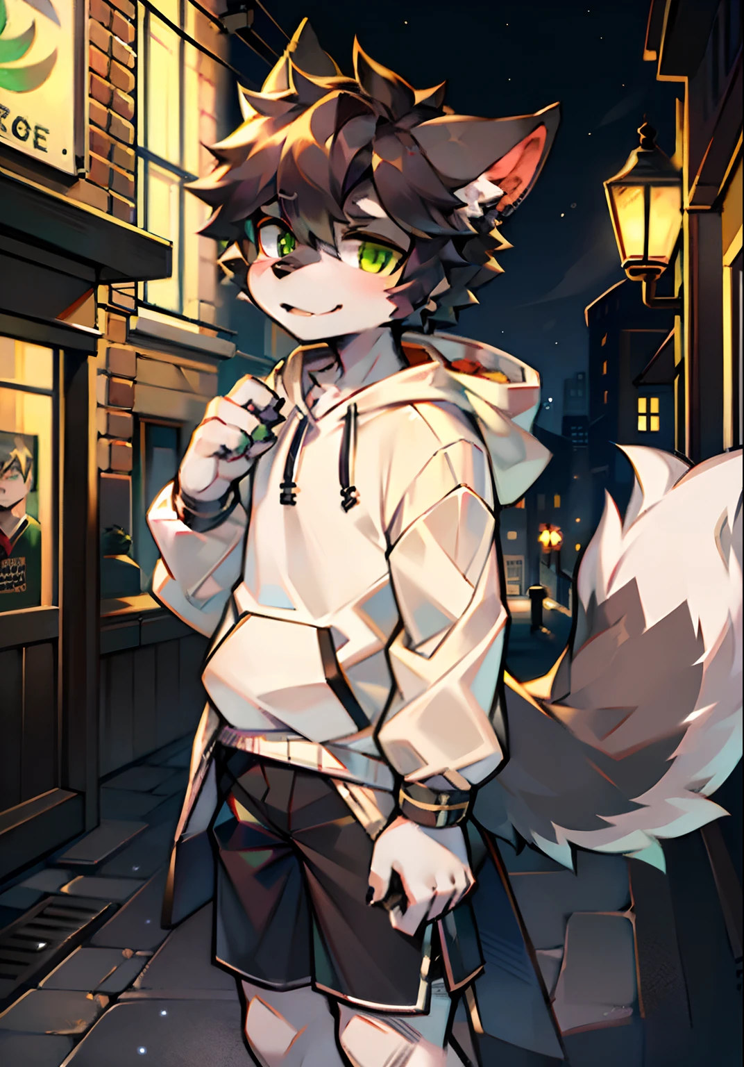 Teenage uncensored， Short gray hair， hor ears， lowerbody， downtown area， hairy pubic， coyote， Big fluffy tail， tmasterpiece， High-quality portraits， human - shaped， Lonely youth style， lewd poses， full-shot， Wolf type， White hoodies， Black  shorts， Super handsome face， Handsome， White fox， White ears， Wolf type， The barefoot，Black hair，There are green sideburns on the hair，white chest fur，Black fur，Green paws，greene eyes，There is a green angular pattern around the eyes，The height is about one meter six seven，14岁，junior school student，ember，Black whites of the eyes，dark circles，Hand pockets