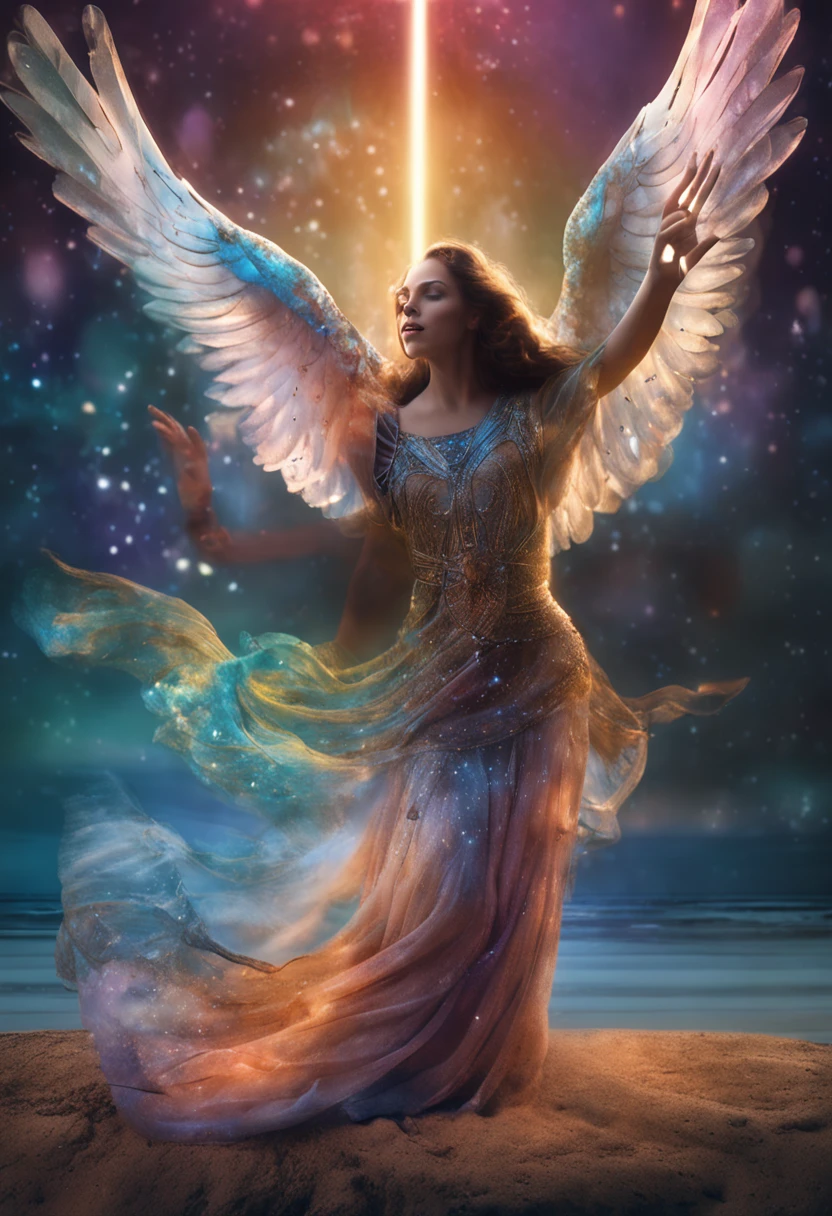 The mood wraps the scene in a solemn bow. A mixture of awe and apprehension fills the air, as the angel plays the Shofar, the music echoes as a call to all living beings;. The setting is imbued with a magical and transcendental aura, marking the critical moment in cosmic history.