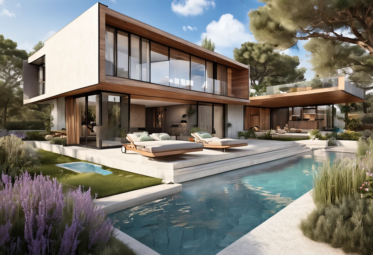 Organic modern architecture on a fairly large plot, from , there is a swimming pool in the middle of a large house of a flower, color of the house in chocolate brown and black beams, large modern residence, flat roofs and garden, render luxcore, render oktane, a photorealistic rendering, architectural rendering, mantra rendering, architectural rendering, realistic rendering, architectural visualization, wellness pool,  Architectural visualization, large green zones, with small zones of lavender flowers, green shrubs type lush green garden, as well as small water mirrors, swimming pool embedded in an area of sand, olive and pine trees around the house, paddle court next to the house