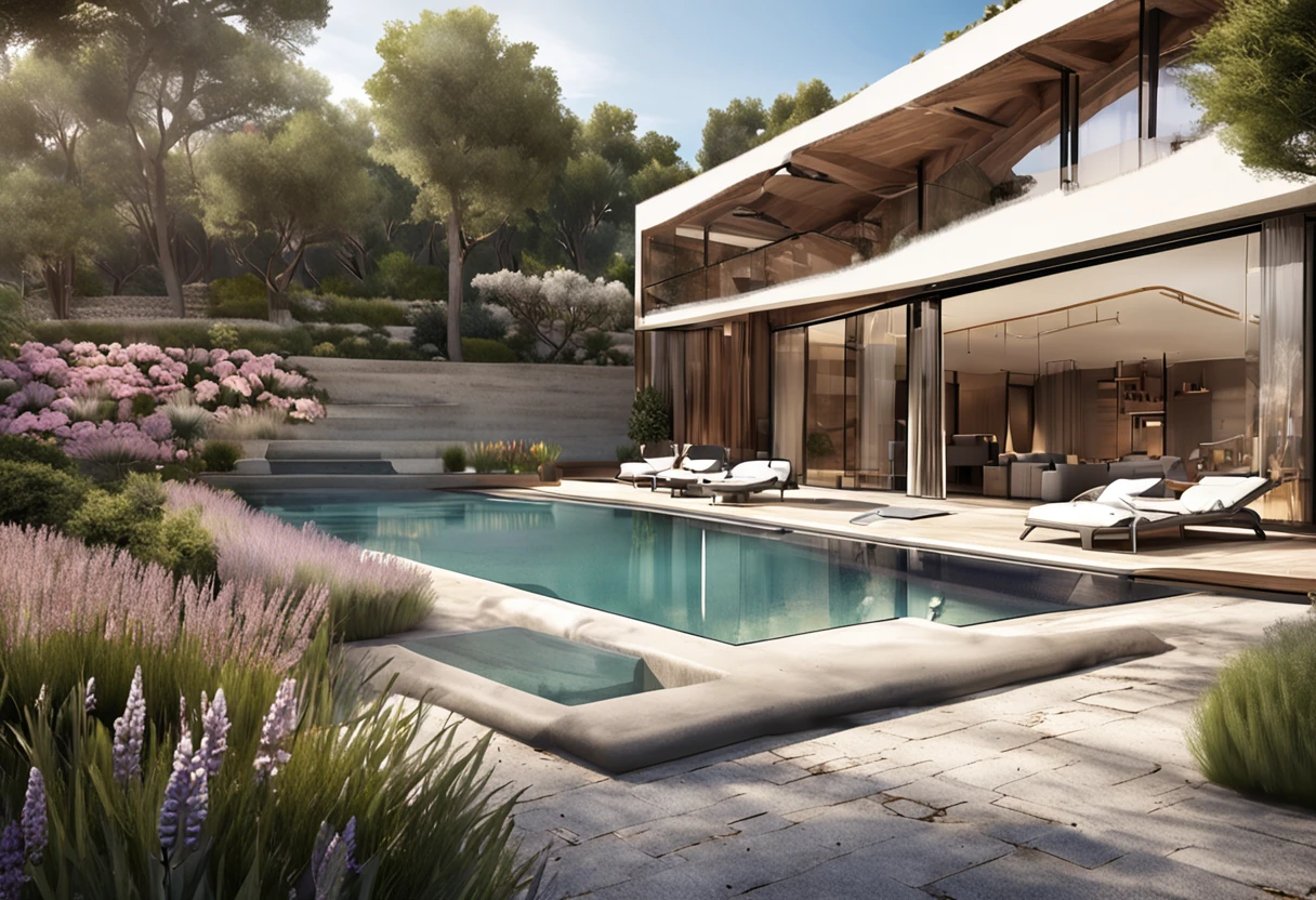 Organic modern architecture on a fairly large plot, from , there is a swimming pool in the middle of a large house of a flower, color of the house in chocolate brown and black beams, large modern residence, flat roofs and garden, render luxcore, render oktane, a photorealistic rendering, architectural rendering, mantra rendering, architectural rendering, realistic rendering, architectural visualization, wellness pool, Architectural visualization, large green zones, with small zones of lavender flowers, green shrubs type lush green garden, as well as small water mirrors, swimming pool embedded in an area of sand, olive and pine trees around the house, paddle court next to the house