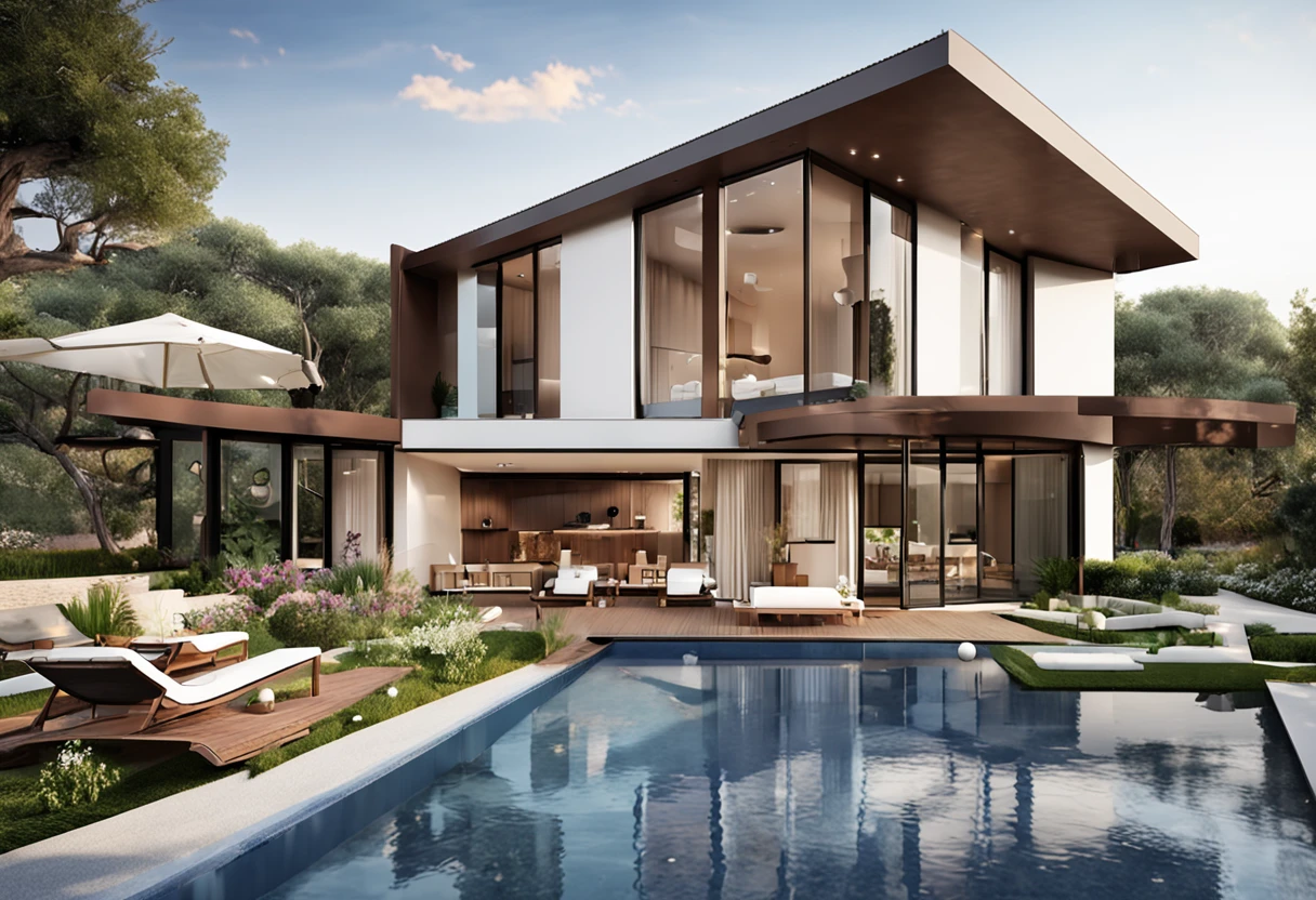 Organic modern architecture on a fairly large plot, from , there is a swimming pool in the middle of a large house of a flower, color of the house in chocolate brown and black beams, large modern residence, flat roofs and garden, render luxcore, render oktane, a photorealistic rendering, architectural rendering, mantra rendering, architectural rendering, realistic rendering, architectural visualization, wellness pool, Architectural visualization, large green zones, with small zones of lavender flowers, green shrubs type lush green garden, as well as small water mirrors, swimming pool embedded in an area of sand, olive and pine trees around the house, paddle court next to the house