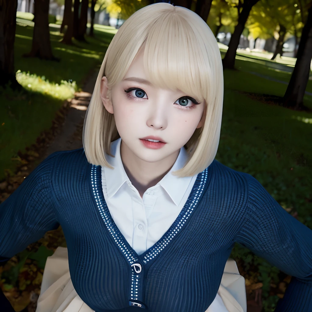 (masutepiece, hight resolution, 8K), Front light, 1 japanese girl, Blonde hair, bob cuts, (High curve lower eyelid), (wide outer corners of the eyes,), Beautiful big eyes, (Gray eyes), School uniform,