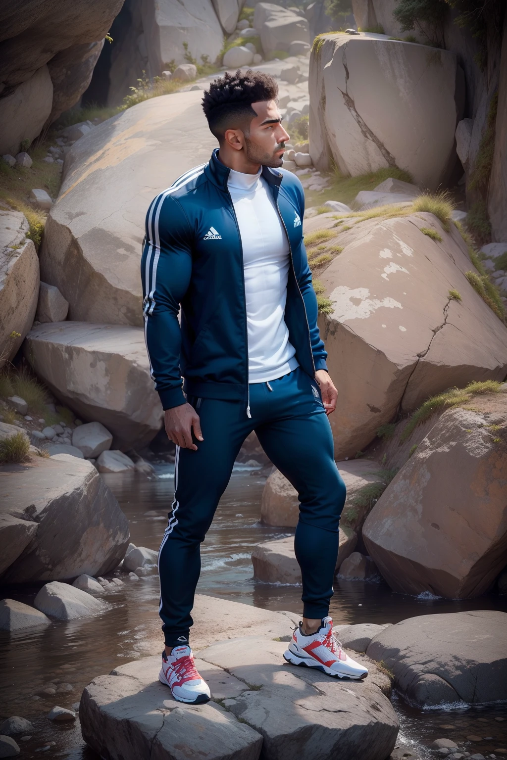 arafed man standing on a rock in front of a rocky wall, wearing adidas clothing, full body photogenic shot, man in adidas tracksuit, full body portrait shot, mid shot portrait, chappie in an adidas track suit, mohamed chahin style, standing on rocky ground, wearing a track suit, profile shot, full body photograph, cinematic full body shot bulky body nice body looks like a bodybuilders wearing nice suit ,wearing navy blue suit