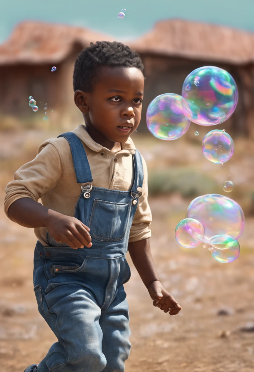 "clean pastel painting of a African ethnicity boy wearing denim overalls chasing bubbles. Detailed and beautiful face, abundant bubbles, photorealistic depiction, create a bubble kingdom."