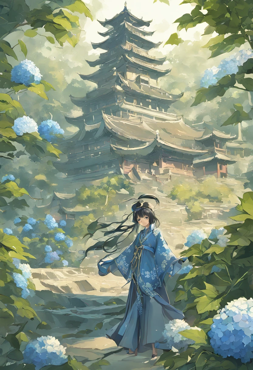 Stack hydrangeas，Traditional Zhuang costumes，silver ornaments，Landscape moiré，Chinese Ancient Architecture，Bell and Drum Tower，tmasterpiece，vectorial art，ultra - detailed，closeup cleavage，2D illustration，Best quality at best，超高分辨率, best shadow，