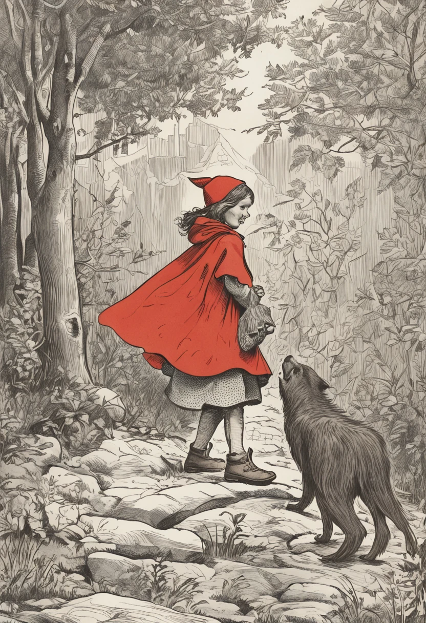 A girl in a red cape, Caperucita roja, un lobo  feroz, Caperucita Roja, Classic children's illustration, Caperucita Roja, Gran lobo feroz, Caperucita Roja, The wolf threatens the girl, , story book illustration, Richard Scarry, story book illustration, Ilustraciones de cuentos de hadas, Arte de cuento, por Jack Davis, storybook illustation, por Maurice Sendak, , detallado,