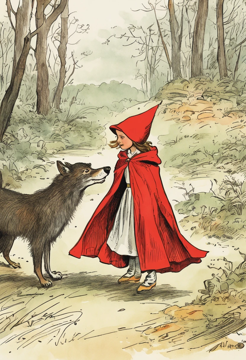 A girl in a red cape, Caperucita roja, un lobo feroz, Caperucita Roja, Classic children's illustration, Caperucita Roja, Gran lobo feroz, Caperucita Roja, The wolf threatens the girl, , story book illustration, Richard Scarry, story book illustration, Ilustraciones de cuentos de hadas, Arte de cuento, por Jack Davis, storybook illustation, por Maurice Sendak, , detallado,