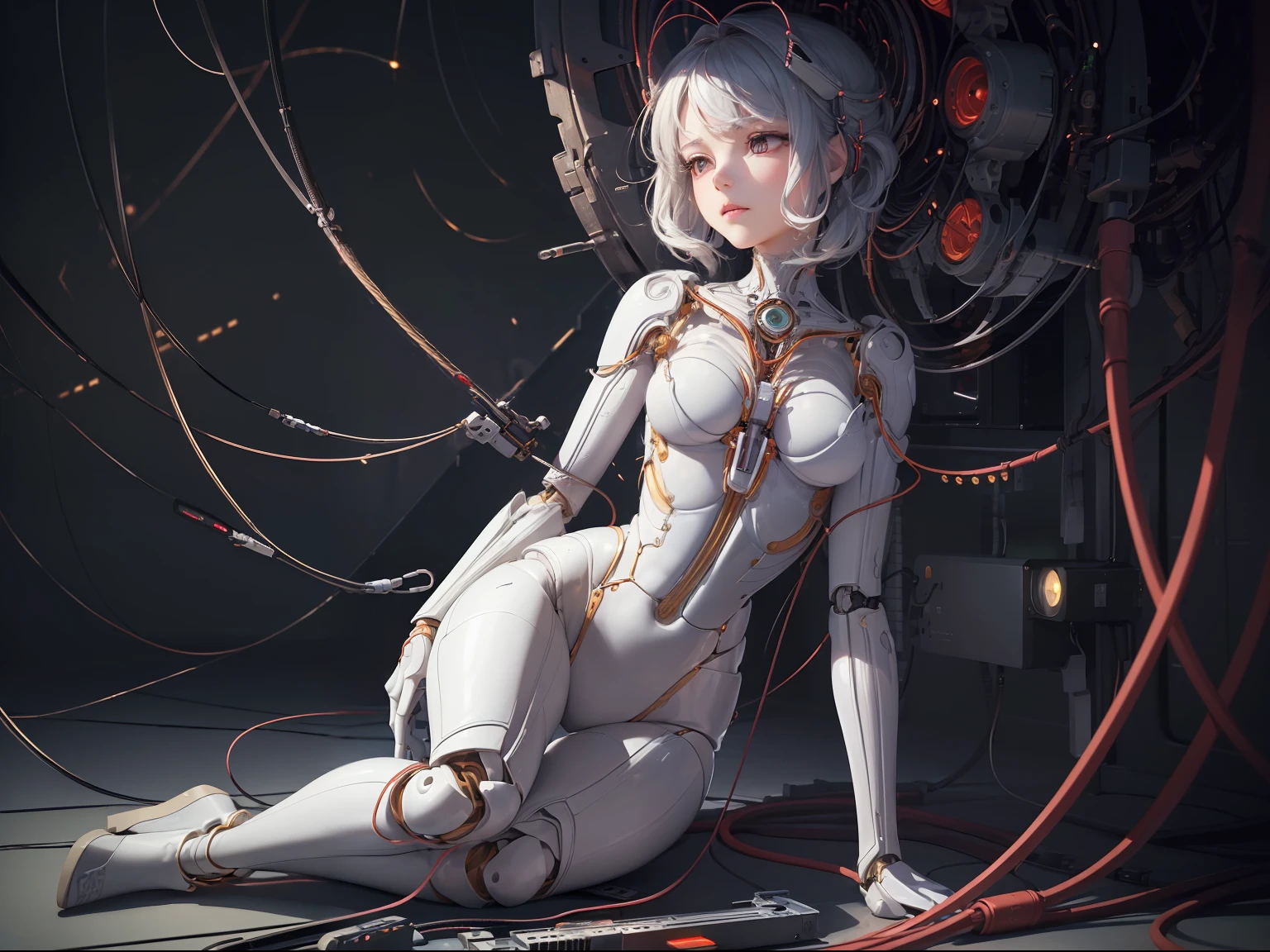 (((masterpiece))), (((best quality))), ((ultra-detailed)), (highly detailed CG illustration), ((an extremely delicate and beautiful)),(cute delicate face),cinematic light,((1mechanical girl)),solo,full body,(machine made joints:1.4),((machanical limbs)),(blood vessels connected to tubes),((mechanical vertebra attaching to back)),((mechanical cervial attaching to neck)),((sitting)),expressionless,(wires and cables attaching to head and body:1.5),(character focus),science fiction