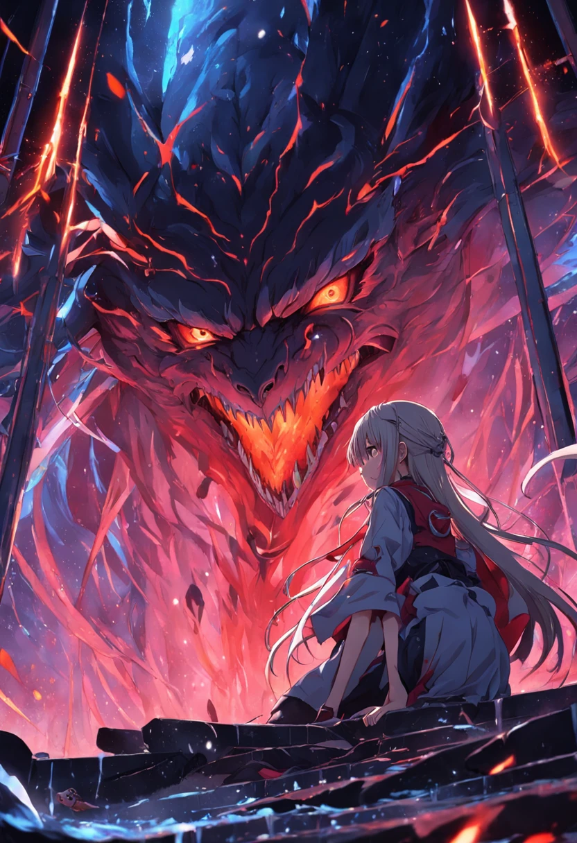 A girl sit on an enormous monster, focus on the monster, epic, the monster ia crying and shouting