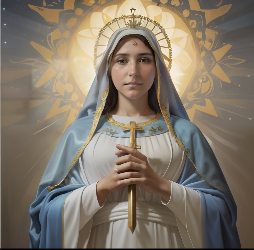 A portrait of Virgin Mary, whole body, sky, clouds, sunset, sacred aura, cinematic, realistic light