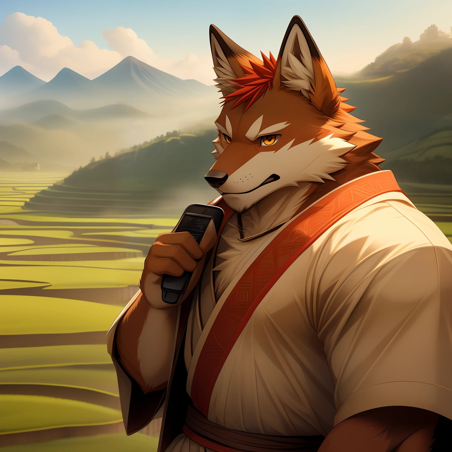 Singing，1 man ,Muscular,Earphone,headset on head,Samurai,komono,Furry，Red fur，Red Wolf, Antero fur, Red hair,Furry, anthro_coyote , Guys, Boys, fur,Crisp shapes, Solo Male,Amber eyes,，Large terraces，moutain terrain，Lodge，There are rice paddies，Rice fields，There are neat rice seedlings in the field，villages，lavoura，in a serene landscape，In the midst of vast tranquil landscapes，in the early morning，In the morning fog，behind a tiny village，thin fog，countryside in japan，thatched roof --v 6