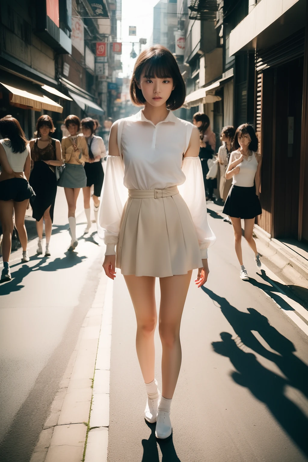 Ad photos with a mix of two different date ranges、2023 Young Female Model Integrates into 1980 Landscape、In the bustling heart of Tokyo, Sweltering afternoon in 1980 AD, Snapshots come alive. Teenagers in the 1980s, Decorated with period fashion, Walk the sunlit streets in serene and stylish 1980 clothes. She is the only time traveler, Full of longing desire for the surrounding landscape, Betrays a hint of embarrassment that she can't completely hide. The heat of the day is palpable, And the afternoon light illuminates her with a golden glow, Cast a shadow dancing with her at each step. Images are captured in the highest quality, Reflecting reality so vividly that it transcends mere vision, Invite viewers to the moment you freeze time, Where emotions and atmospheres are as specific as the scene itself、​masterpiece、Photos of the contest winners、Detailed rendering、Photorealistic Tech、High-precision rendering、(incredibly_absurdres,huge_filesize:1.37),(​masterpiece:1.37),(top-quality:1.37),(realisitic,Photorealsitic:1.2),Ray traching,Realistic lighting,(illuminations,Glow),((film grains:1.37)),(Exquisite details and textures:1.2),(8K分辨率:1.2),(ultra -detail:1.2),(Sharp Focus 1.2),(RAW Photography:1.0),(ulzzang-6500-v1.1:1.2),(Beautiful Detail Face、Beautiful Detail Eye、 radiant eyes、long eyeslashes、blush of the nose:1.2)、tiangtongjiang、mix4、JWY1,20D、A dark-haired、((((perfect anatomia))))、viewer、full bodyesbian、ceremony、1girl in、独奏、Young face、a beauty girl、(Random Hairstyles)、high class、(A slender:1.37)、(More knee socks:1.2)、(Beauty slim legs:1.15)、(cute  face)、(Natural glowing skin:1)、(tiny chest、big breasts thin waist、small thigh、small tits、toned buttocks、perfect body type:1.1)、(Detailed natural beautiful skin、detailed skin textures、Detailed black hair、random hair styles)、Facial light、(ciinematic light)、lensflare、shade、back lighting、depth of fields、back lighting