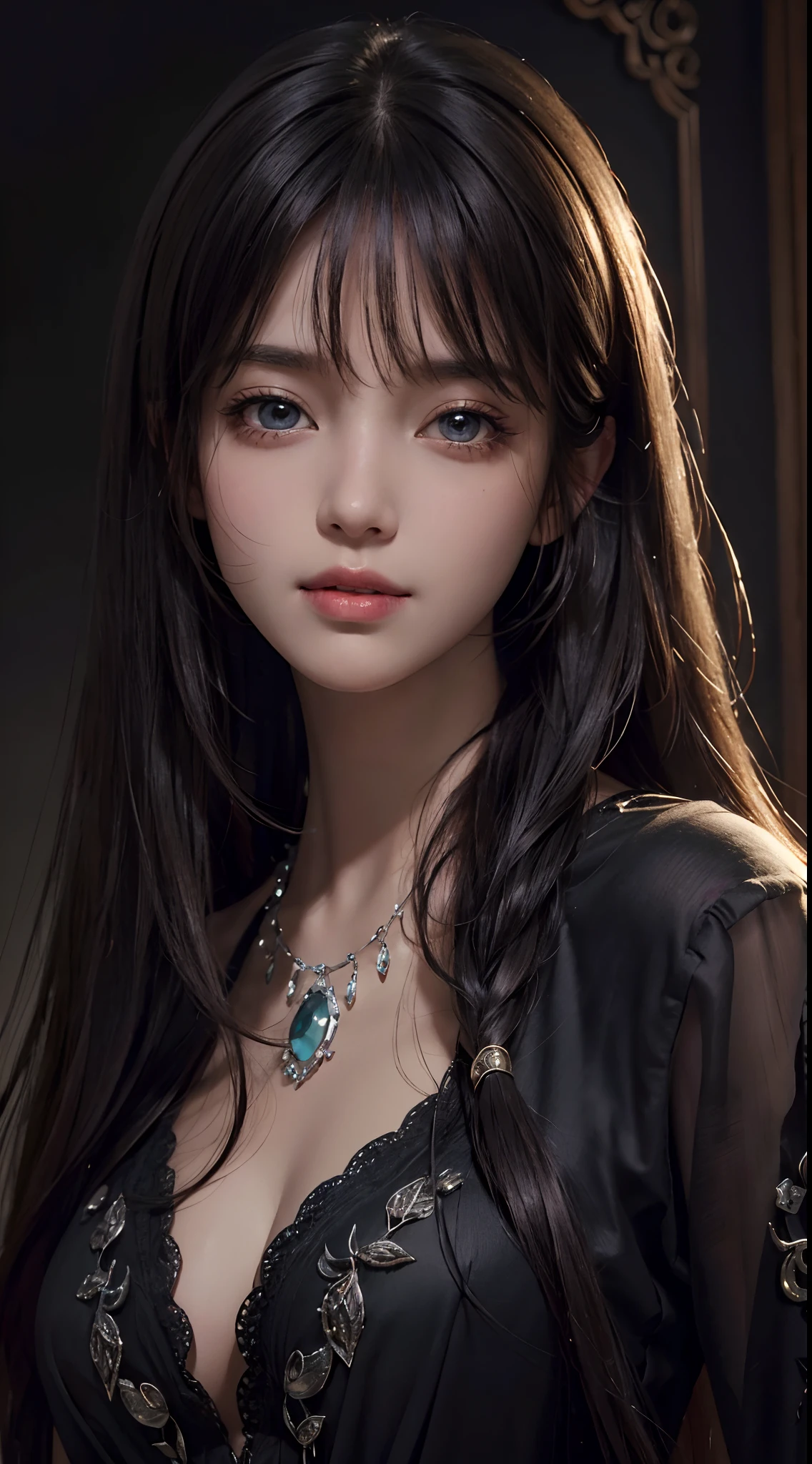 (Ultra Realistic), (Illustration), (Increased Resolution), (8K), (Extremely Detailed), (Best Illustration), (Beautiful and Detailed Eyes), (Best Quality), (Ultra Detailed), (Masterpiece ), ( wallpaper), (detailed face), solo, 1 girl, looking at viewer, fine details, detailed face, in the dark, deep shadows, low key, pureerosfaceace_v1, smiling, long hair, black shawl straight hair , 46 points oblique bangs