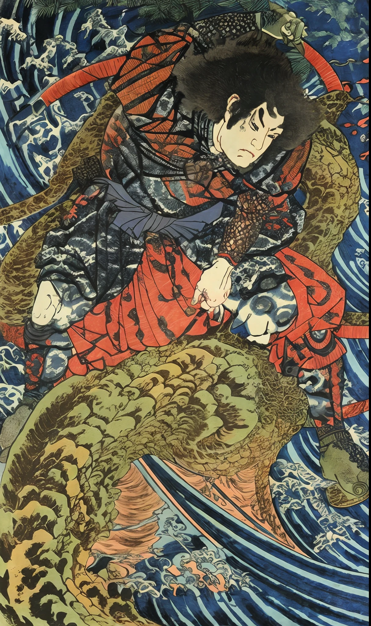 An armored warrior,Strong body movements,ukiyo-style,k hd,Utagawa Kuniyoshi,(Precise line outline)
