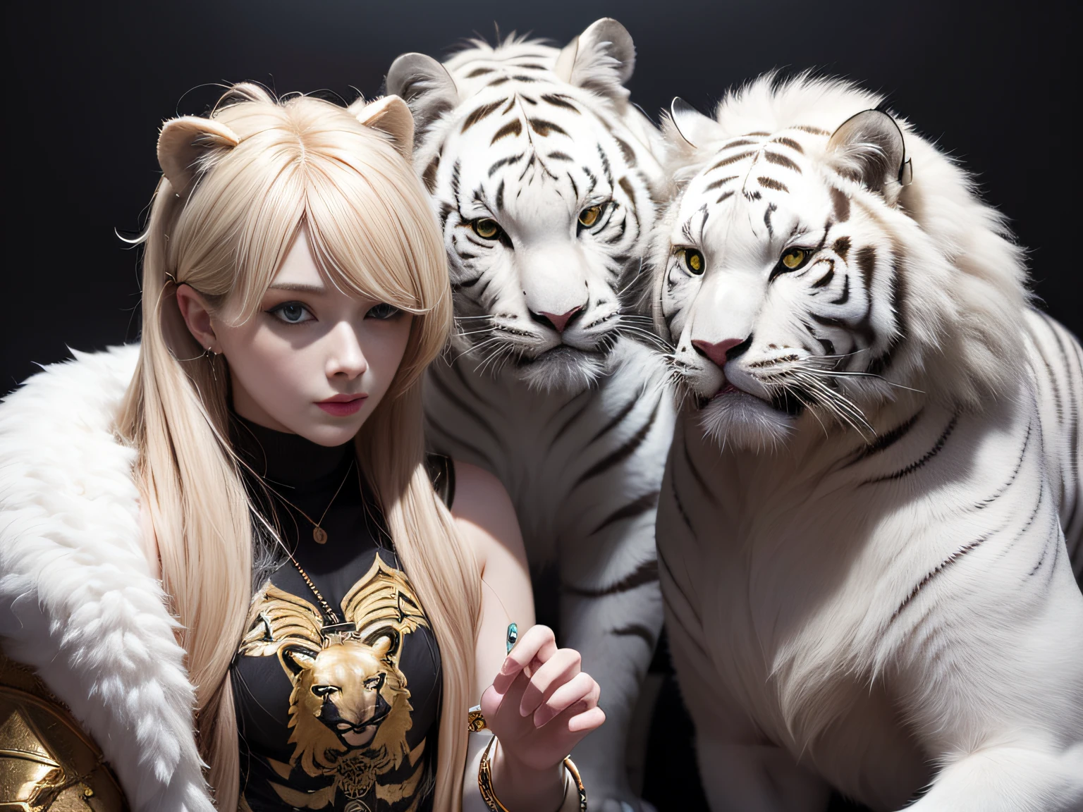 tmasterpiece,high qulity。8K,the white tiger,the Lion,edgBunny,cavalos,No Man