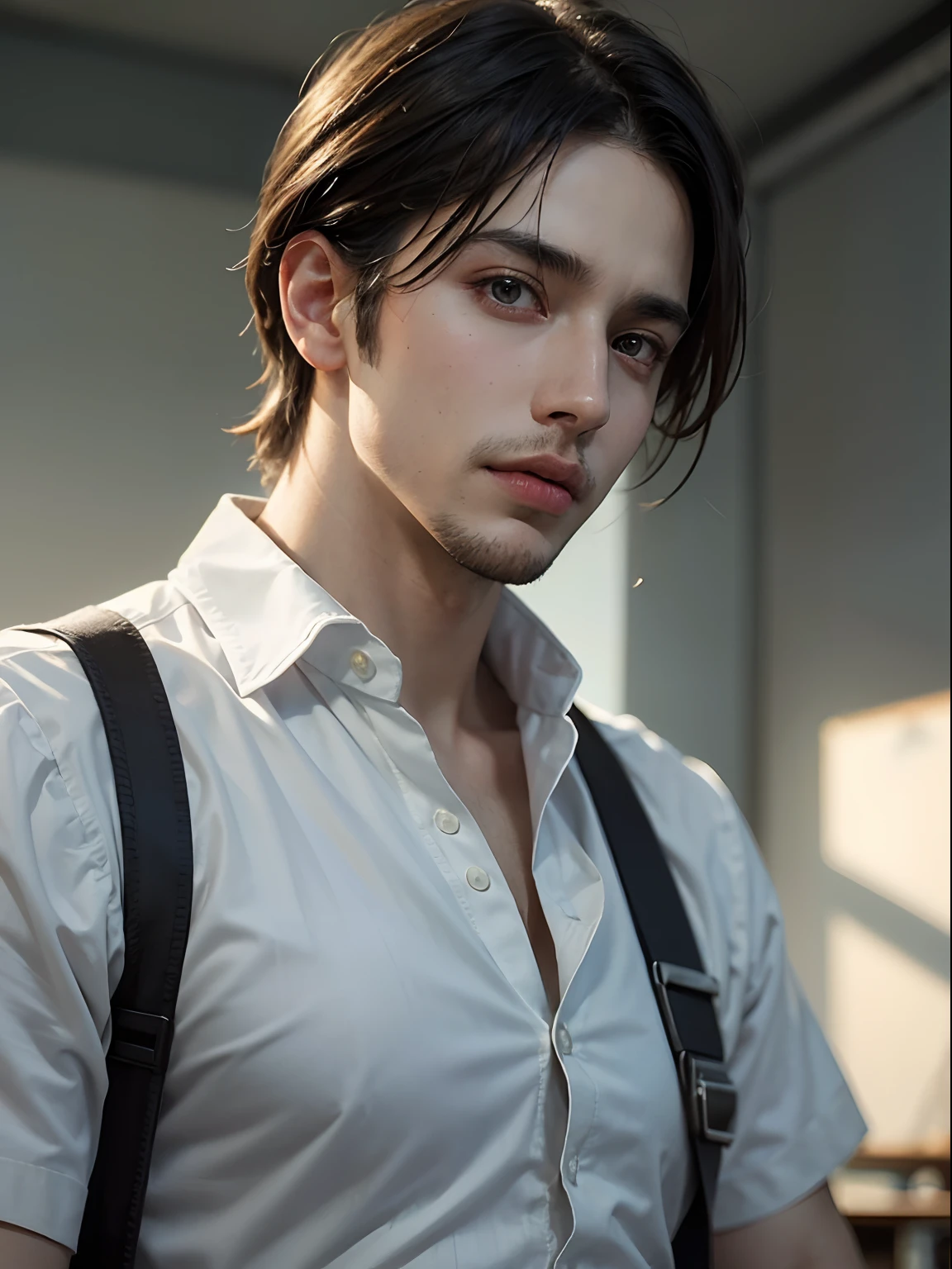 1man, stern and handsome teacher, solo focus, adult, young adult face, short black hair, white shirt, classroom, realistic, dynamic pose realistic, detailed and correct facial structure, LEON S. KENNEDY, handsome, attractive, slightly muscular, cinematic lighting, unreal engine, trending on ArtStation, intricate details,  masterpiece, best quality, by Irakli Nadar, Greg Rutkowski，(((best quality))),(((ultra detailed))),(((masterpiece)))