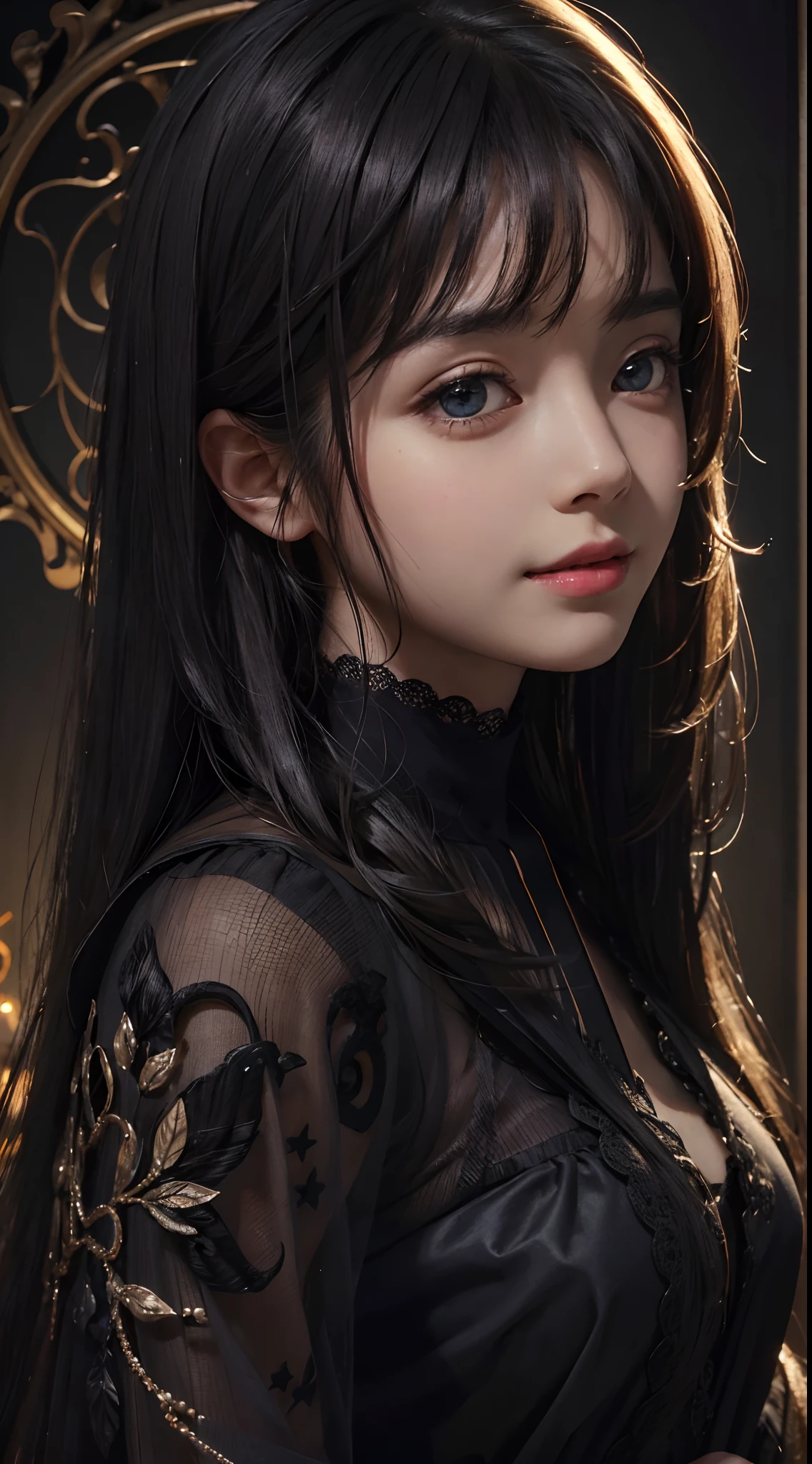 (Ultra Realistic), (Illustration), (Increased Resolution), (8K), (Extremely Detailed), (Best Illustration), (Beautiful and Detailed Eyes), (Best Quality), (Ultra Detailed), (Masterpiece ), ( wallpaper), (detailed face), solo, 1 girl, looking at viewer, fine details, detailed face, in the dark, deep shadows, low key, pureerosfaceace_v1, smiling, long hair, black shawl straight hair , 46 points oblique bangs