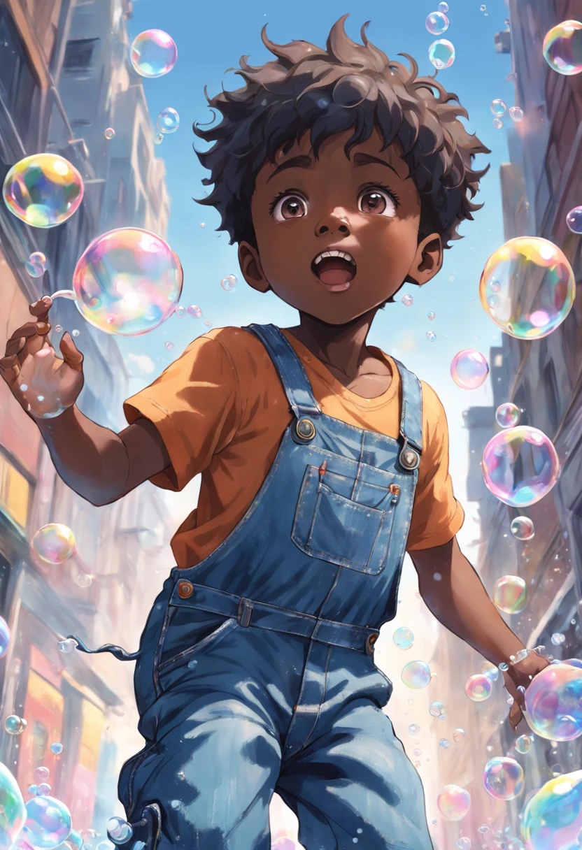 "clean pastel painting of a little African ethnicity boy wearing denim overalls chasing bubbles. Detailed and beautiful face, abundant bubbles, photorealistic depiction, create a bubble kingdom."