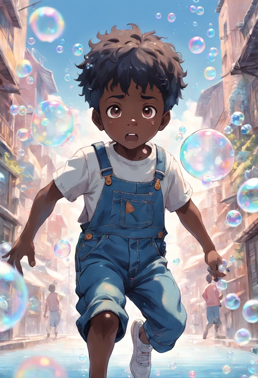 "clean pastel painting of a little African ethnicity boy wearing denim overalls chasing bubbles. Detailed and beautiful face, abundant bubbles, photorealistic depiction, create a bubble kingdom."