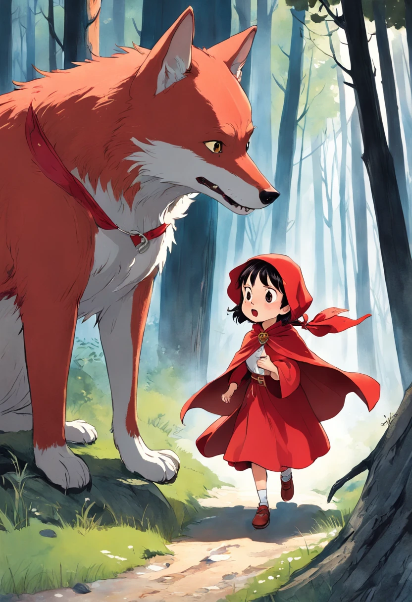 A girl in a red cape, Caperucita roja, un lobo feroz, Caperucita Roja, Classic children's illustration, Caperucita Roja, Gran lobo feroz, Caperucita Roja, The wolf threatens the girl, , story book illustration, Richard Scarry, story book illustration, Ilustraciones de cuentos de hadas, Arte de cuento, por Jack Davis, storybook illustation, por Maurice Sendak, , detallado,