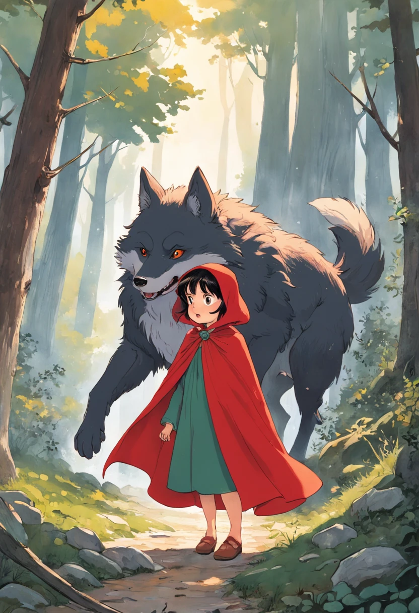 A girl in a red cape, Caperucita roja, un lobo feroz, Caperucita Roja, Classic children's illustration, Caperucita Roja, Gran lobo feroz, Caperucita Roja, The wolf threatens the girl, , story book illustration, Richard Scarry, story book illustration, Ilustraciones de cuentos de hadas, Arte de cuento, por Jack Davis, storybook illustation, por Maurice Sendak, , detallado,