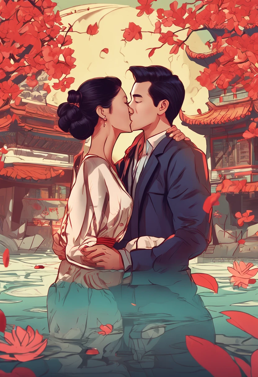 Style couple kissing,Chinese elements, chineseidol,Ordinary looking, Incredibly high detail, Pixar style, Bright colors, Natural light, Simple background in solid color, 5 and octane rendering, Popular on artstation, Gorgeous, ultra-wide-angle, 8K, HD realistic, 8K HD is realistic