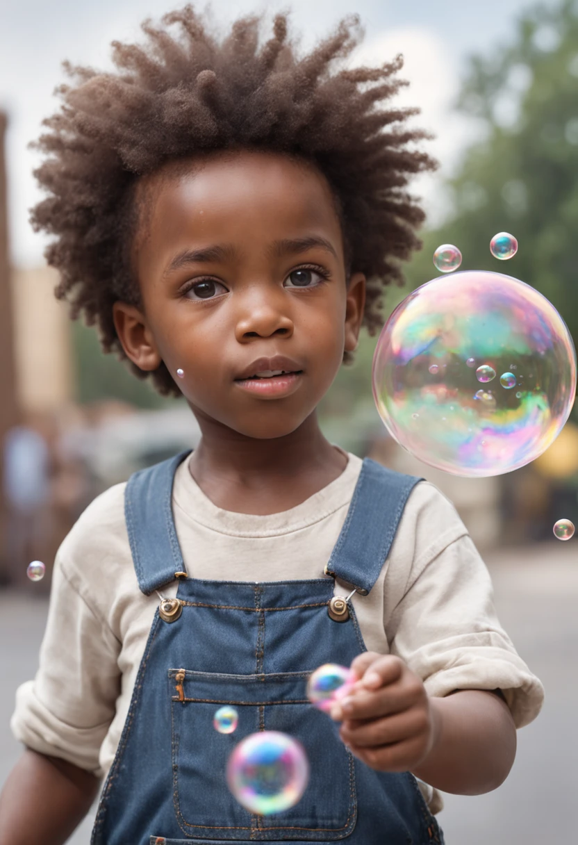 "clean pastel painting of a little African ethnicity boy wearing denim overalls chasing bubbles. Detailed and beautiful face, abundant bubbles, photorealistic depiction, create a bubble kingdom."