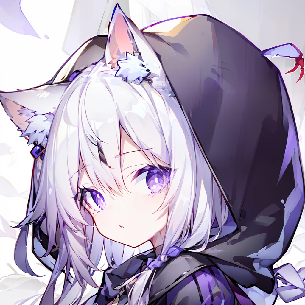 White scorpion braid,Purple eye,weeping,purple hoodie,1girll,teardrop,(Wearing a hood),(White hair),cat ear