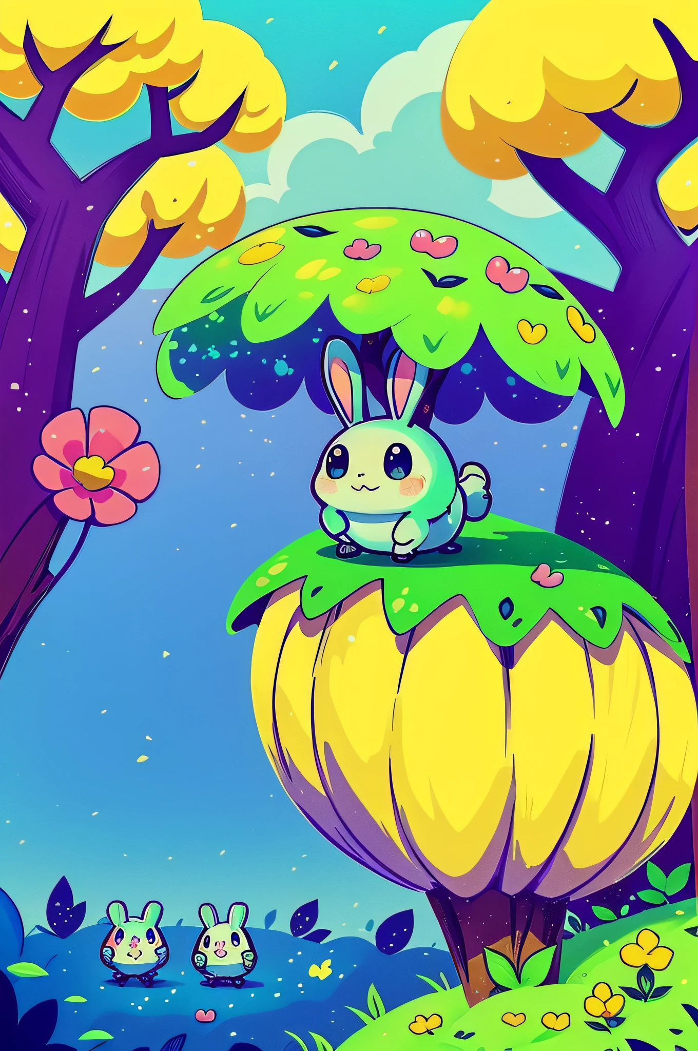 Cute little slime monsters walking happily in the magic city, trees with lots of leaves, Flowers, Blue sky, Cute rabbits follow little monsters in charming forest, butterflys, candy store