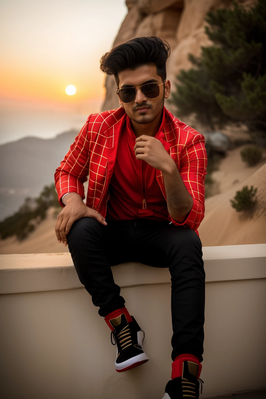 there is a man wearing sunglasses and a red jacket posing for a picture, khyzyl saleem, ash thorp khyzyl saleem, mohamed chahin, sayem reza, raden saleh, enes dirig, riyahd cassiem, mohamed chahin style, portait photo profile picture, with a cool pose, inspired by Kailash Chandra Meher