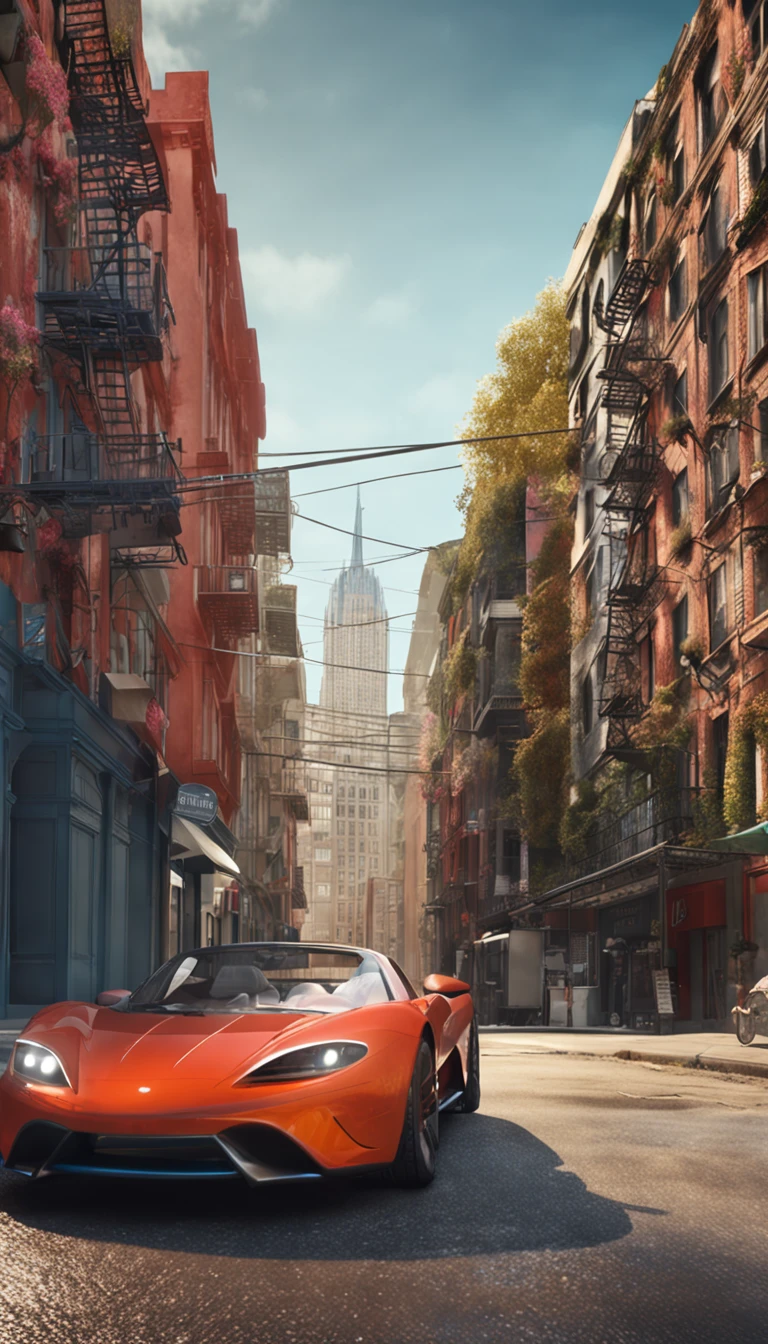 ultra-realistic image, Roadster on the corner of the street，Street buildings in the background