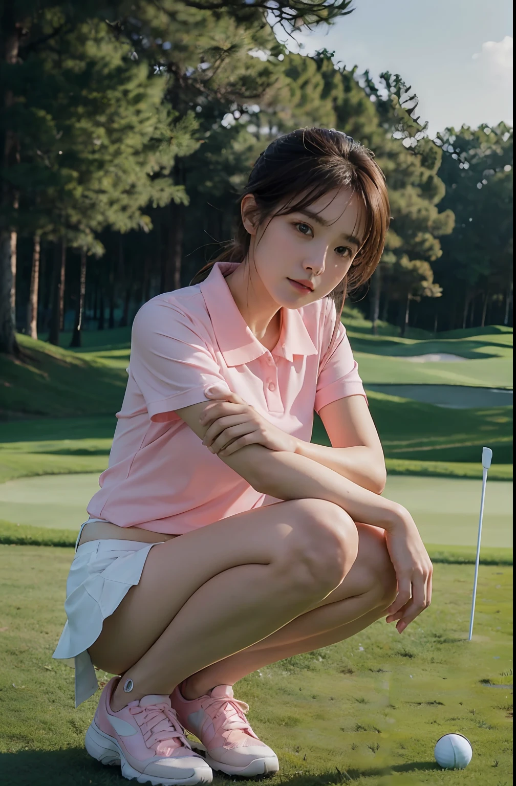 top-quality、A high resolution、ultra - detailed、tmasterpiece、RAW photography:2、hentail realism:2、Photorealsitic:2、Extremely Delicately Beautiful、finedetail、wetted skin、1 girl in、(Solo)、(Alone)、full-shot、Sky from below、Height is 170 cm、25 age old,Professional golfer、Flesh paws、Bare legs、golf course、Golf clothing、(A pink miniskirt)、Golf shoes、facing front、(Open crotch squats)、Crouch down to see what's going on on the green、(beauitful face:1.2)、Brown shortcut、showing white panties、Protrudes from the side of the panties、witheout panties