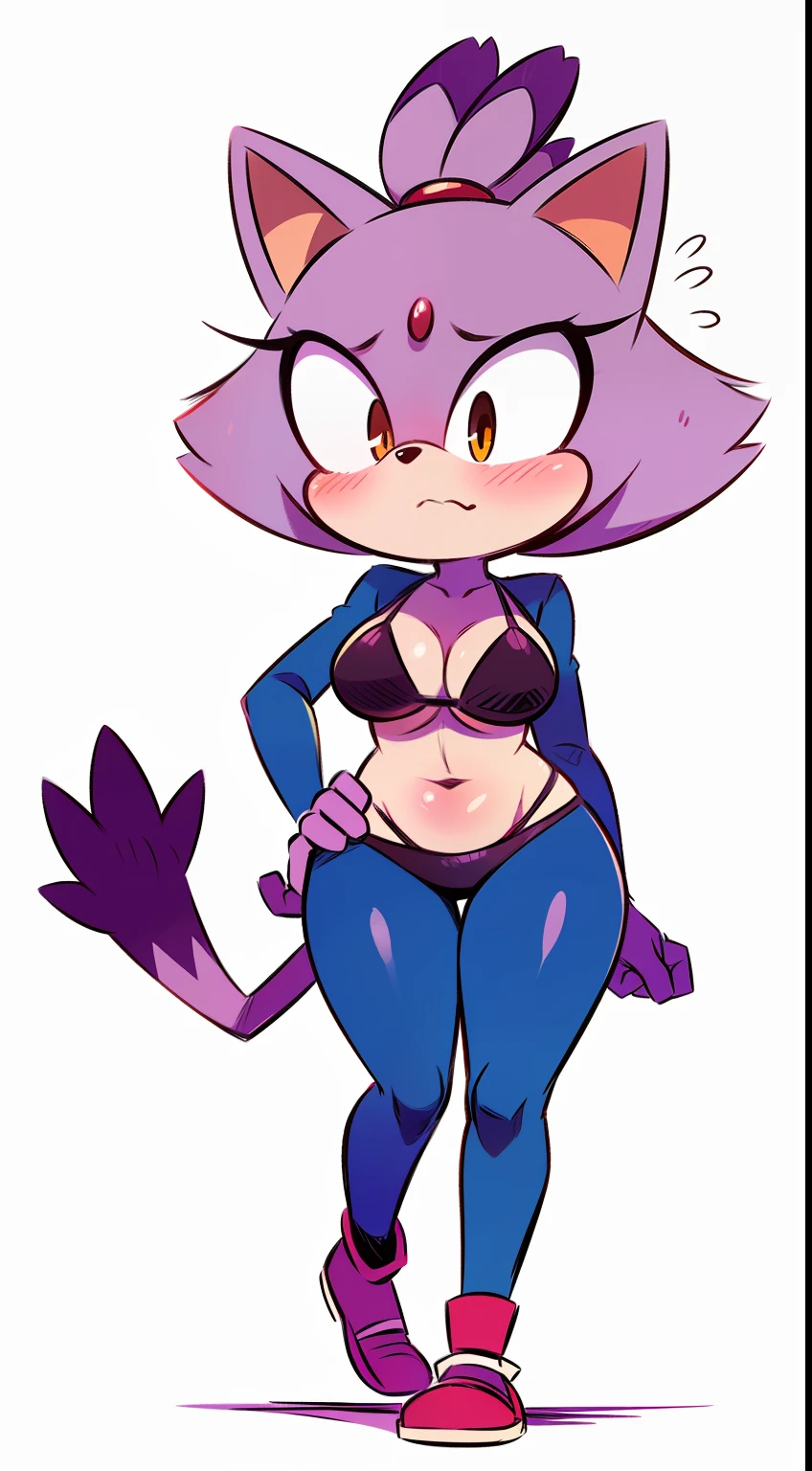 Blaze the cat, cute, blushing, wide hips, breast, bikini armor, cute