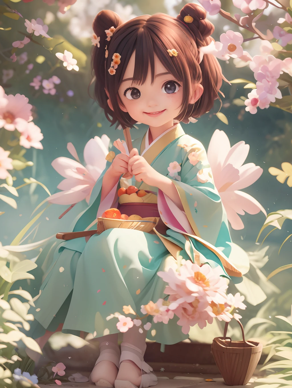 Anime girl in kimono sitting on a bucket with flowers, Guviz-style artwork, Palace ， A girl in Hanfu, Cute detailed digital art, Digital anime illustration, style of anime4 K, adorable digital art, Detailed digital anime art, Guweiz in Pixiv ArtStation, lovely digital painting, Guweiz on ArtStation Pixiv，Light，Contre-Jour