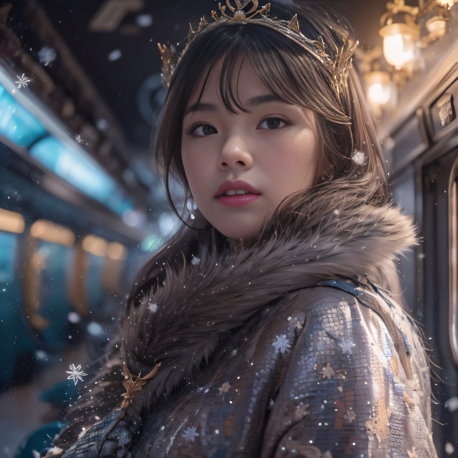 Wear glowing gloves 32k(tmasterpiece,k hd,hyper HD,32k)Flowing short hair,Vintage train carriage area,Snow Tubing Girl 1:60 miniatures,Jump and work,Dragon Protector (realisticlying:1.4),Python robe,Purple-pink tiara,Snowflakes fluttering,starryskybackground, A high resolution, the detail, RAW photogr, Sharp Re, Nikon D850 Film Stock Photo by Jefferies Lee 4 Kodak Portra 400 Camera F1.6 shots, Rich colors, ultra-realistic vivid textures, Dramatic lighting, Unreal Engine Art Station Trend, cinestir 800,