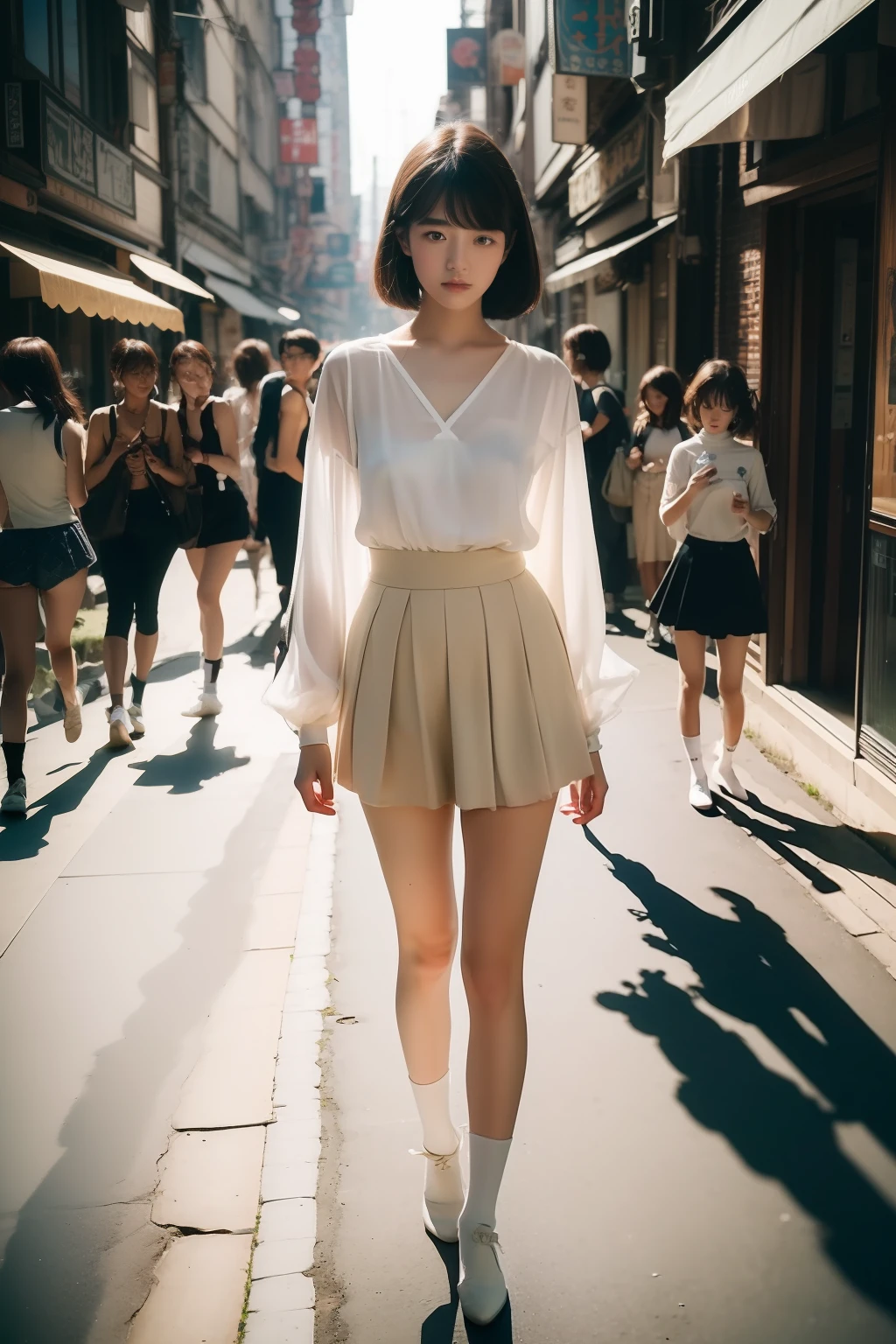 Ad photos with a mix of two different date ranges、2023 Young Female Model Integrates into 1980 Landscape、In the bustling heart of Tokyo, Sweltering afternoon in 1980 AD, Snapshots come alive. Teenagers in the 1980s, Decorated with period fashion, Walk the sunlit streets in serene and stylish 1980 clothes. She is the only time traveler, Full of longing desire for the surrounding landscape, Betrays a hint of embarrassment that she can't completely hide. The heat of the day is palpable, And the afternoon light illuminates her with a golden glow, Cast a shadow dancing with her at each step. Images are captured in the highest quality, Reflecting reality so vividly that it transcends mere vision, Invite viewers to the moment you freeze time, Where emotions and atmospheres are as specific as the scene itself、masterpiece、Photos of the contest winners、Detailed rendering、Photorealistic Tech、High-precision rendering、(credibly_absurderes,Huge_filesize:1.37),(masterpiece:1.37),(top-quality:1.37),(realisitic,Photorealsitic:1.2),Ray traching,Realistic lighting,(illuminations,Glow),((film grains:1.37)),(Exquisite details and textures:1.2),(8K分辨率:1.2),(ultra -detail:1.2),(Sharp Focus 1.2),(Raw photography:1.0),(ulzzang -6500-v1.1:1.2),(Beautiful Detail Face、Beautiful Detail Eye、 radiant eyes、long eyeslashes、blush of the nose:1.2)、tiangtongjiang、mix4、JWY1,20d、A dark-haired、((((perfect anatomia))))、viewer、full body Esbian、Ceremony、1girl in、独奏、Young Face、a beauty girl、(Random hairstyles)、High class、(A slender:1.37)、(Other knee socks:1.2)、(Beauty slim legs:1.15)、(cute face)、(Natural glowing skin:1)、(tiny chest、big breasts thin waist、small thigh、small tits、Toned buttocks、perfect body type:1.1)、(Detailed natural skin、detailed skin textures、Detailed black hair、Random Hair Styles)、Facial light、(ciinematic light)、lensflare、Shade、Back lighting、depth of fields、Back lighting