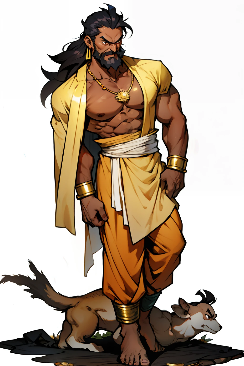 Khmer man, smart, old man, elderly, wrinkles, full body to toes and feet, topless, dark brown black tan skin, street fighter, random boxing pose, thin, skinny, long white Chinese beard, wearing golden large earrings, golden bracelet, golden ankle bracelet, white color hair, Rapunzel long hair touch to the ground floor, golden large collar necklace, wearing Hindu style toga robe, khmer style, white background,