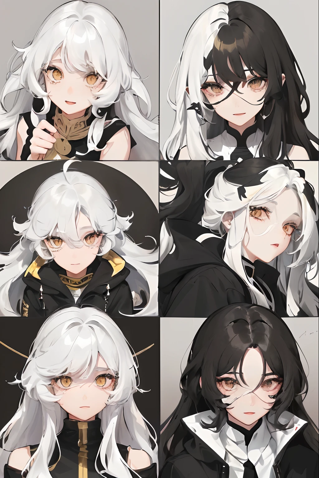 1woman, ((long wavy hair)), ((half of her hair is white and the other half of her hair is black split into two colors)), swept bangs, ((golden eyes)), smile, modern clothes