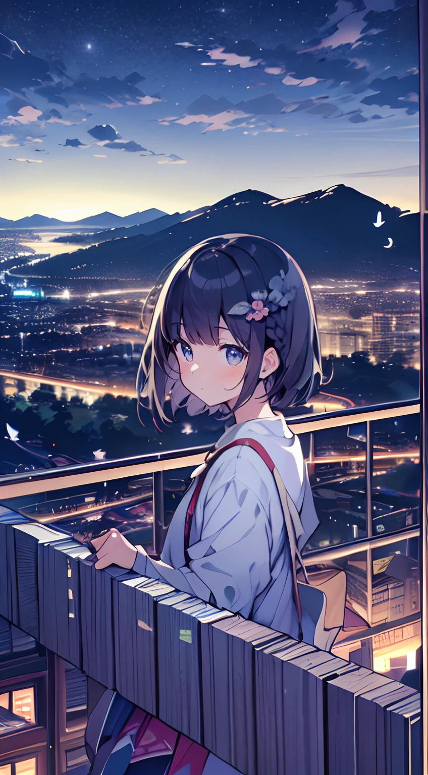 masutepiece, Best Quality,Illustration, Wallpaper, Ultra Detail, absurderes, 1girl in、 (Medium short hair、short braided hair), Beautiful ultra-detailed eyes , Hair fluttering in the wind、Smaller head、Beautiful night sky、(a panoramic view:1.5)