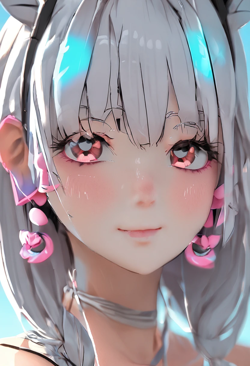 black hair, hair bobbles, wince, longeyelashes, solid circle eyes, fake animal ears, light smile, ear blush, fang, Surrealism, drop shadow, anaglyph, stereogram, tachi-e, pov, atmospheric perspective, 8k, super detail, ccurate, best quality