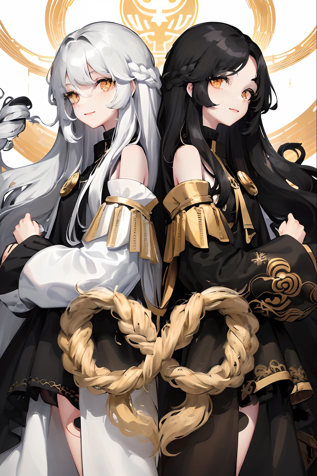 1woman, ((long wavy hair)), ((half of her hair is white and the other half of her hair is black split into two colors)), swept bangs, ((golden eyes)), smile, modern clothes