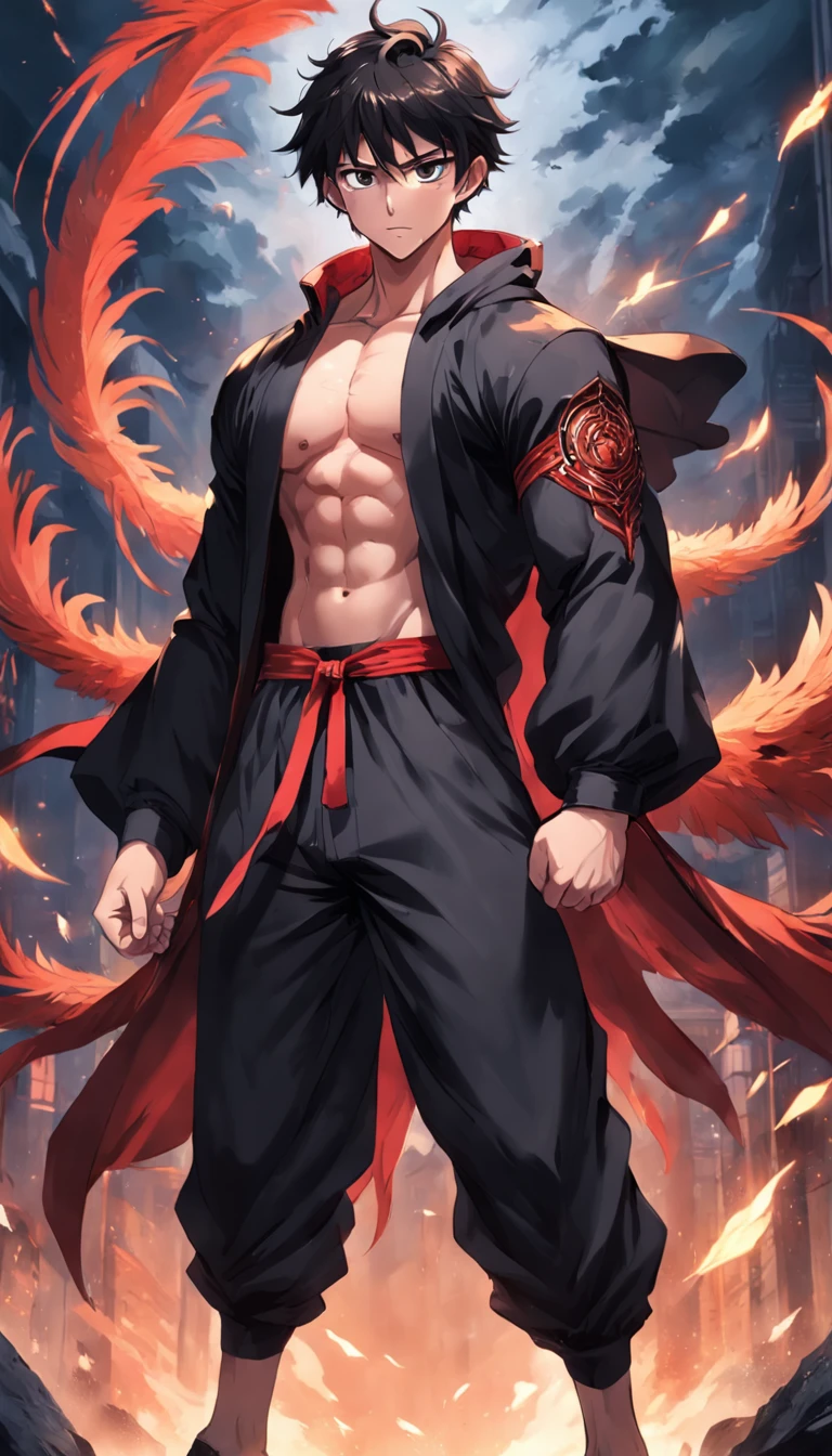 An attractive and muscular 16-year-old boy wears a black robe (y pantalon) y una intrincada armadura plateada, dos grandes alas de plumas negras y rojas crecen de sus hombros