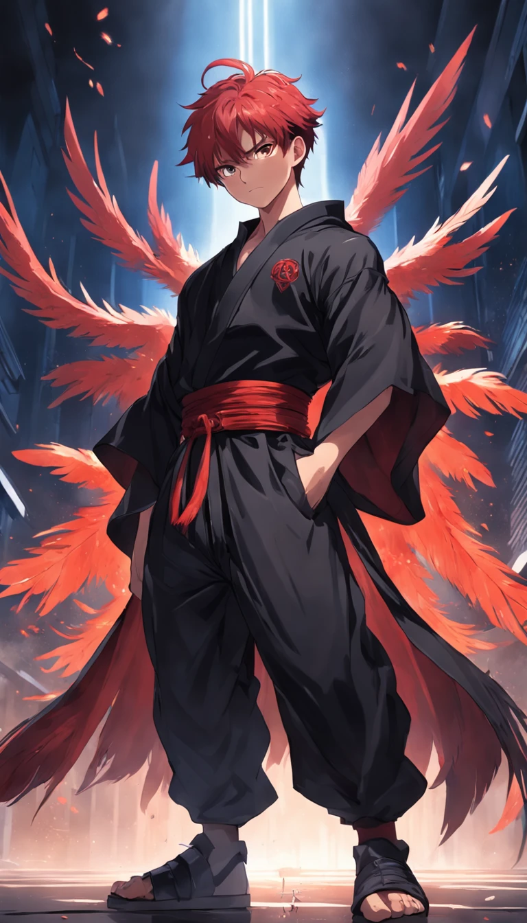 An attractive and muscular 16-year-old boy wears a black robe (y pantalon) y una intrincada armadura plateada, dos grandes alas de plumas negras y rojas crecen de sus hombros