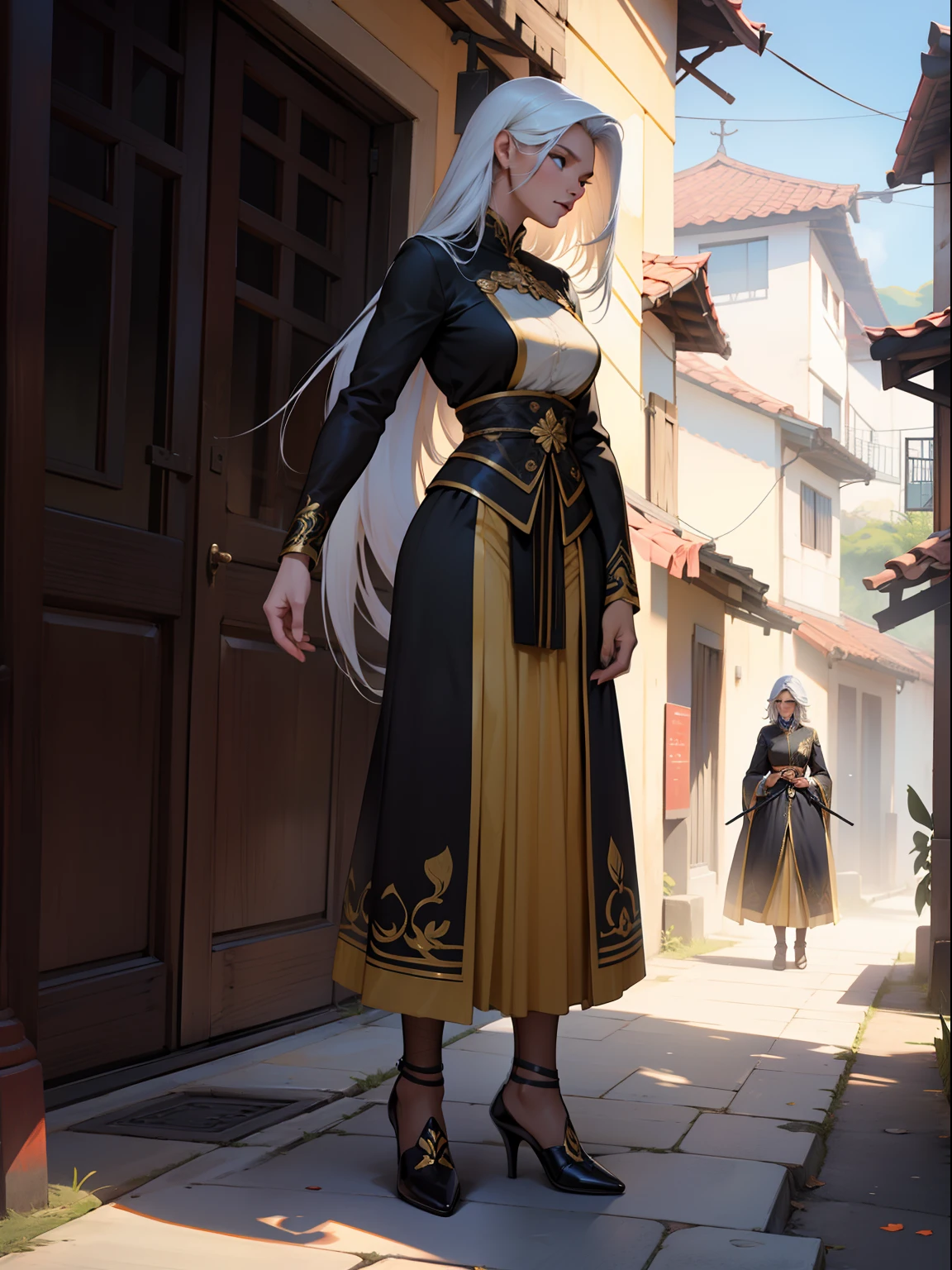 A woman who is，cabelos preto e longos，Douluo Continent costume，In the daytime，standing on your feet，Teary-eyed，