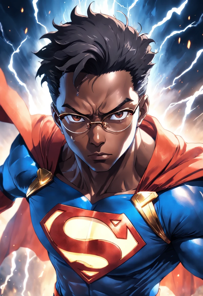 (best quality:1.33), (masterpiece:1.42), (realistic:1.24), (detailed:1.15), Generate an image of a 34-year-old black man with glasses dressed as a superman with flashy special effects and eye-catching, such as bursts of energy or lightning, Ross Tran style, professional photo shoot, action shot, cowboy shot, kaleidoscope