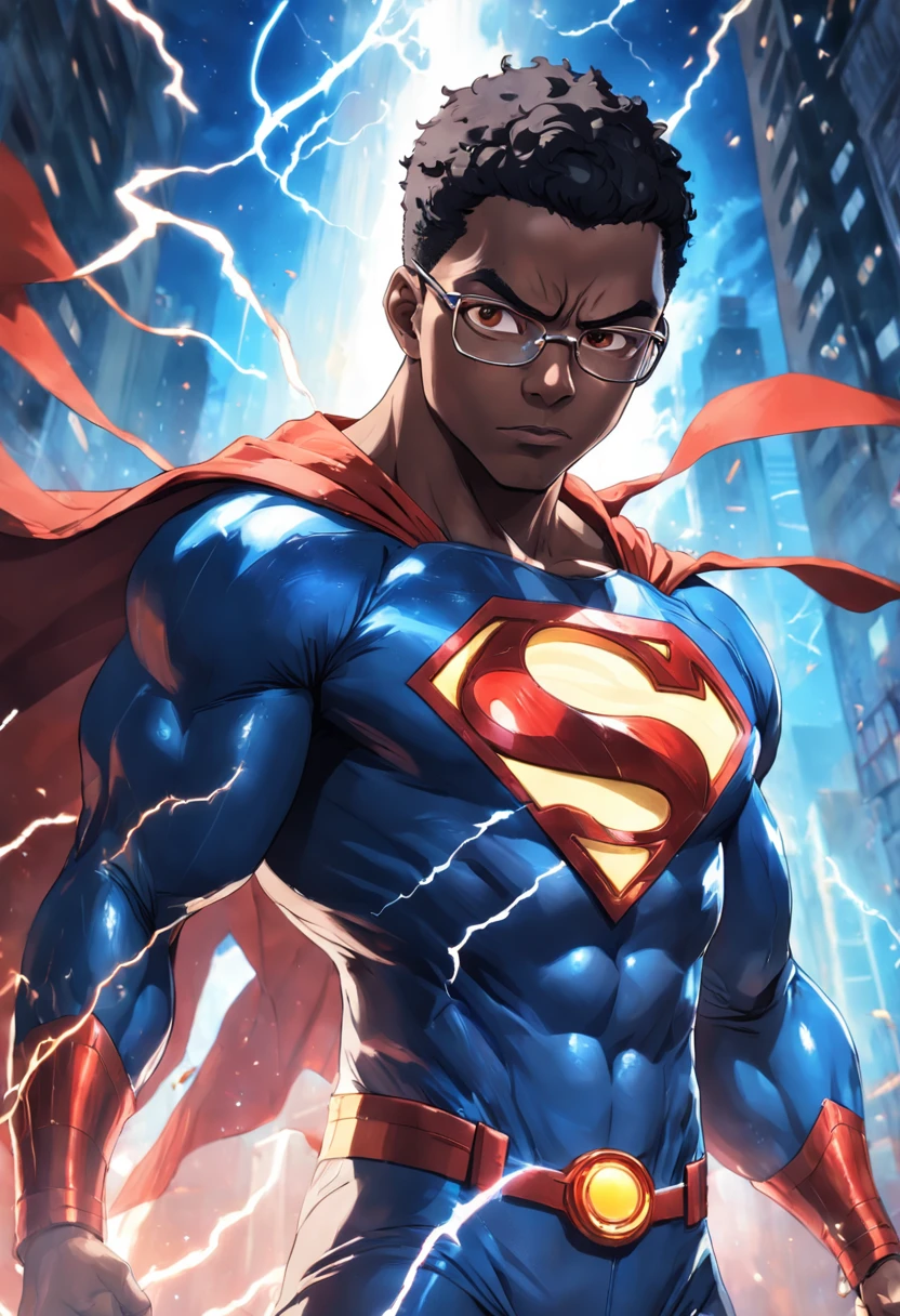 (best quality:1.33), (masterpiece:1.42), (realistic:1.24), (detailed:1.15), Generate an image of a 34-year-old black man with glasses dressed as a superman with flashy special effects and eye-catching, such as bursts of energy or lightning, Ross Tran style, professional photo shoot, action shot, cowboy shot, kaleidoscope