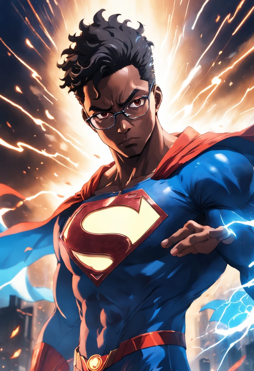 (best quality:1.33), (masterpiece:1.42), (realistic:1.24), (detailed:1.15), Generate an image of a 34-year-old black man with glasses dressed as a superman with flashy special effects and eye-catching, such as bursts of energy or lightning, Ross Tran style, professional photo shoot, action shot, cowboy shot, kaleidoscope