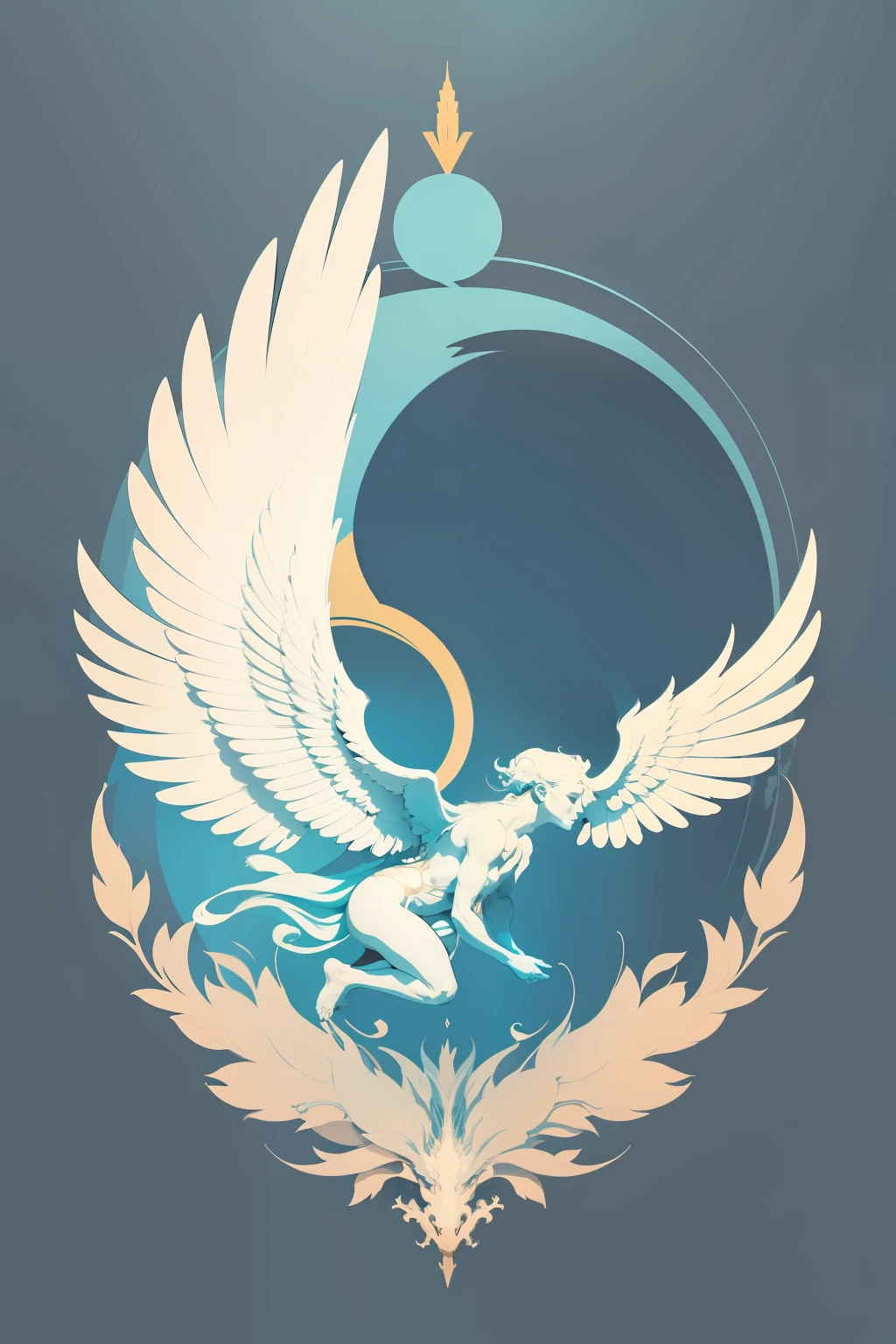 Minimalist Icarus logo, inspirado no estilo de James Jean. simples, flat vector icon, com linhas e contornos bem definidos. Abordagem centralizada e minimalista. It combines mythological elements and artistic aesthetics characteristic of James Jean.