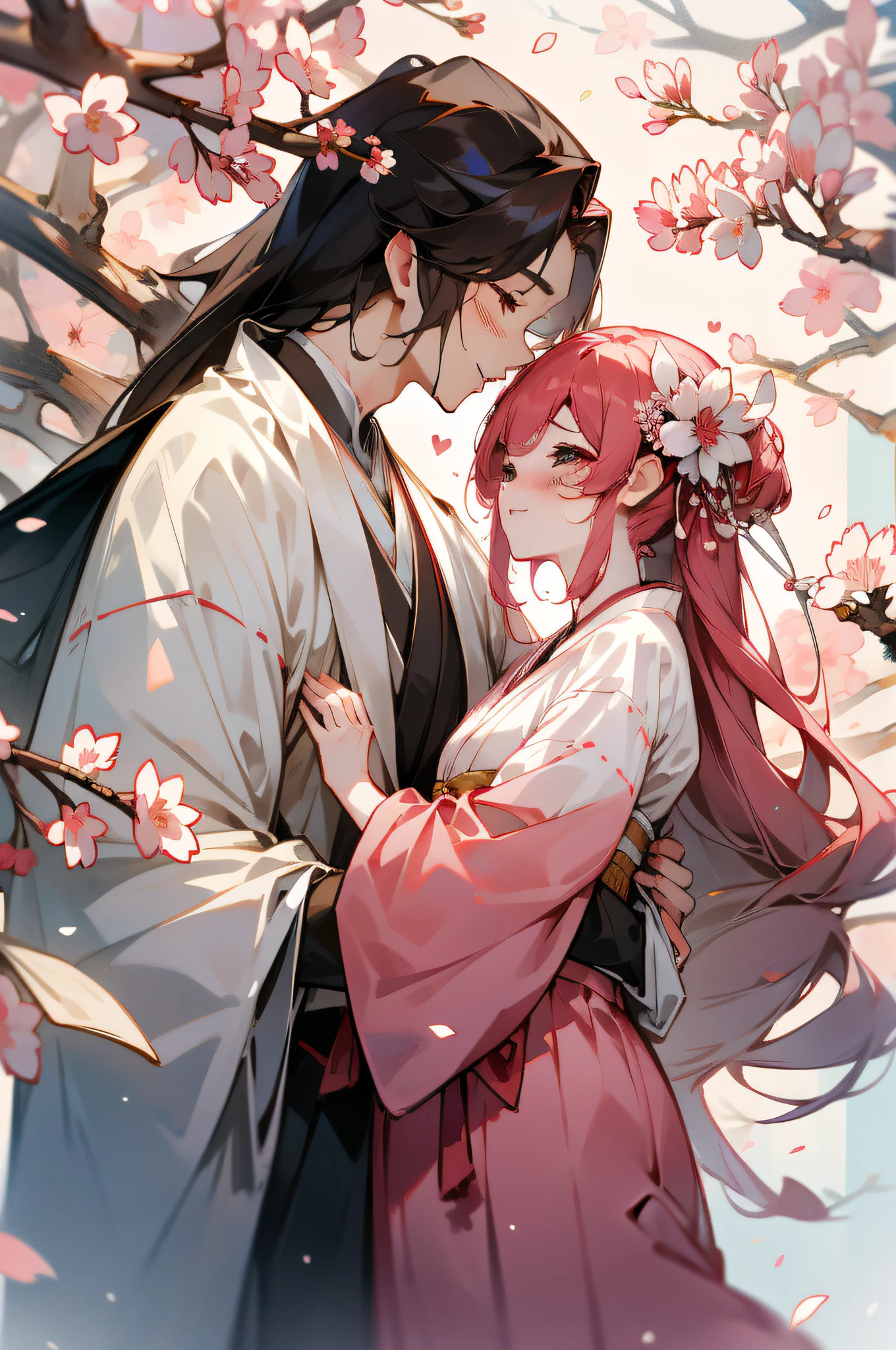 1 couple，Hanfu，commencement，Under the blooming cherry blossom trees，Tears，Emotional moments，love heart